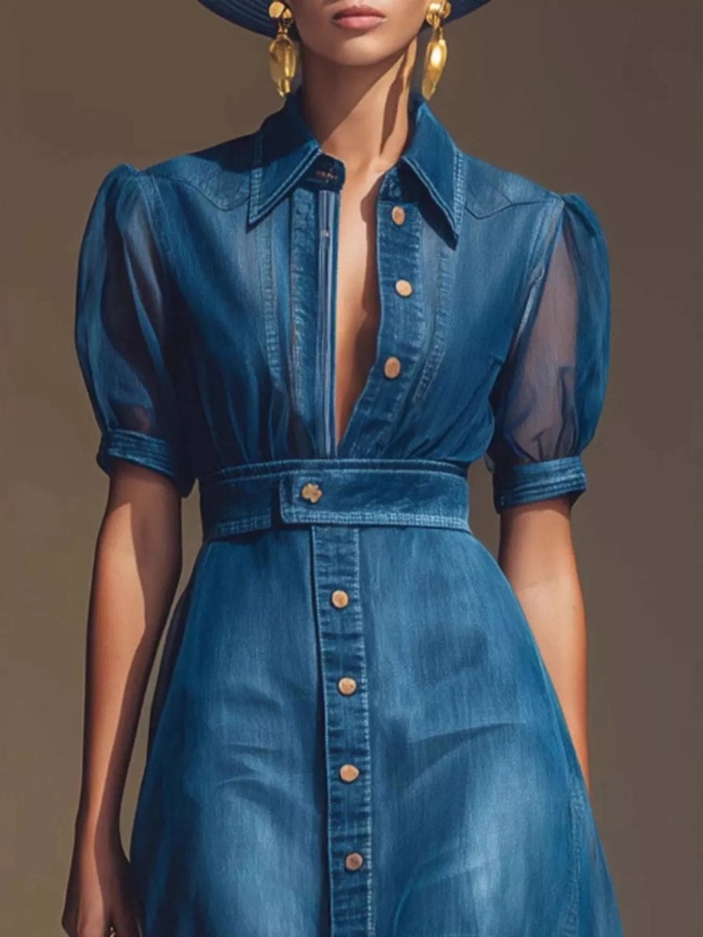 Women's Blue Sheer Panel Button-Down Maxi Dress - Blue