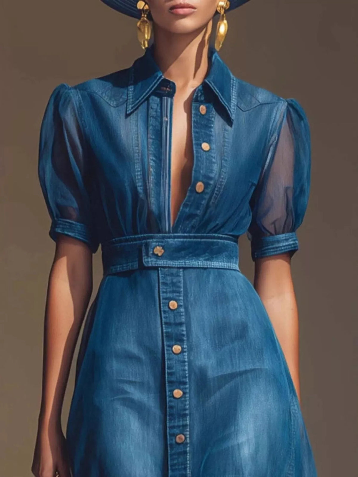 Women's Blue Sheer Panel Button-Down Maxi Dress - Blue