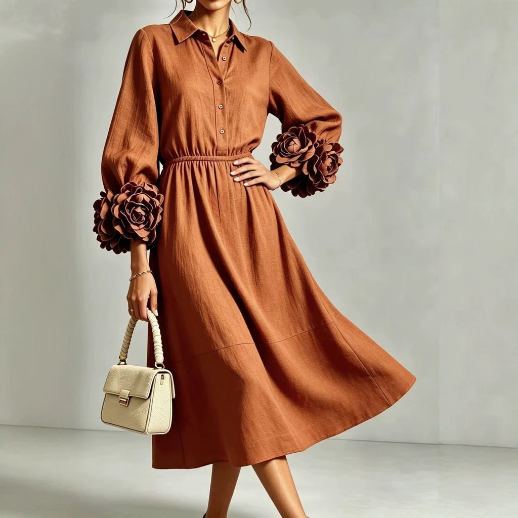 Best-selling Solid-color Round-neck Long-sleeved Floral Dress