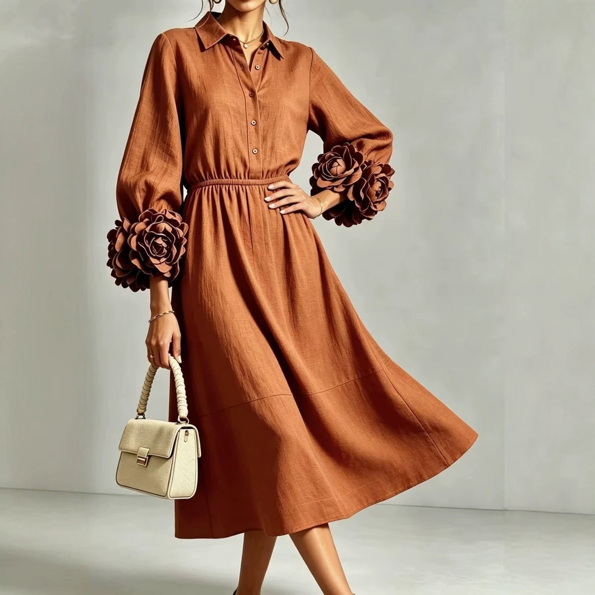 Best-selling Solid-color Round-neck Long-sleeved Floral Dress