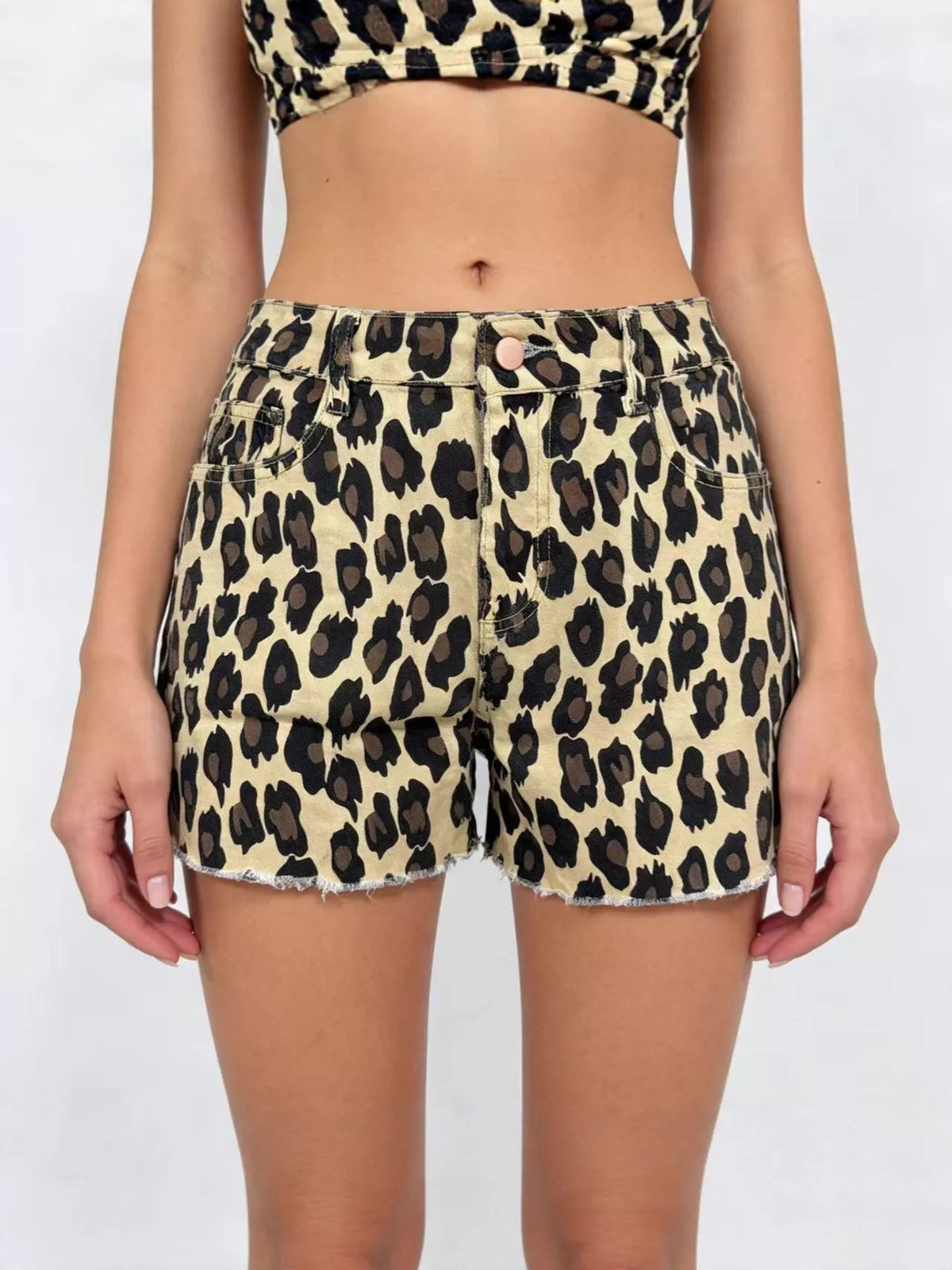 Women's Khaki Leopard Print High-Waisted Denim Shorts - Khaki