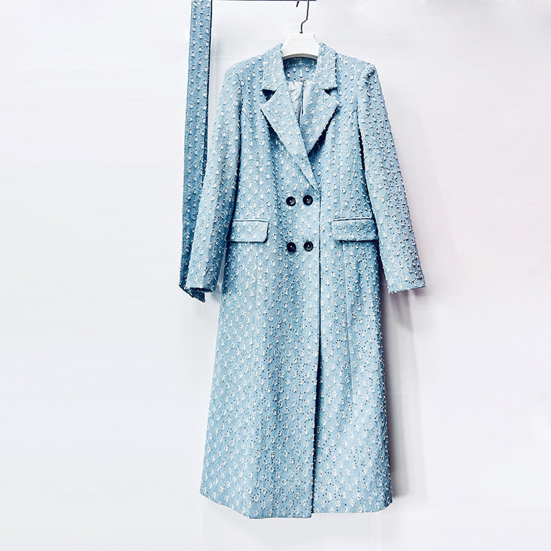 Women's Denim blue Light Blue Tweed Belted Double-Breasted Long Coat - Denim blue