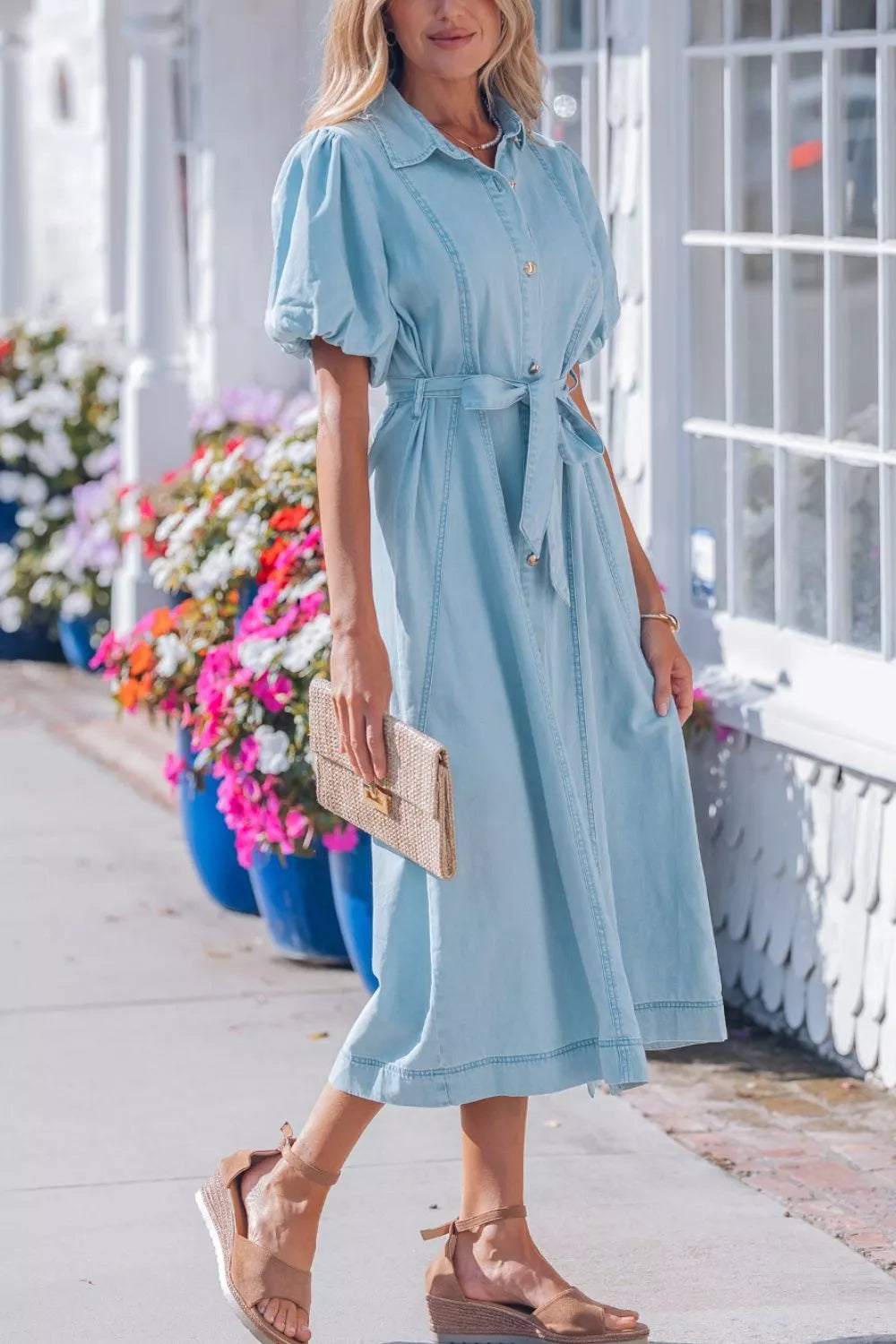 Women's Light Blue Full Buttons Collared Short Bubble Sleeve Long Denim Dress - Light Blue