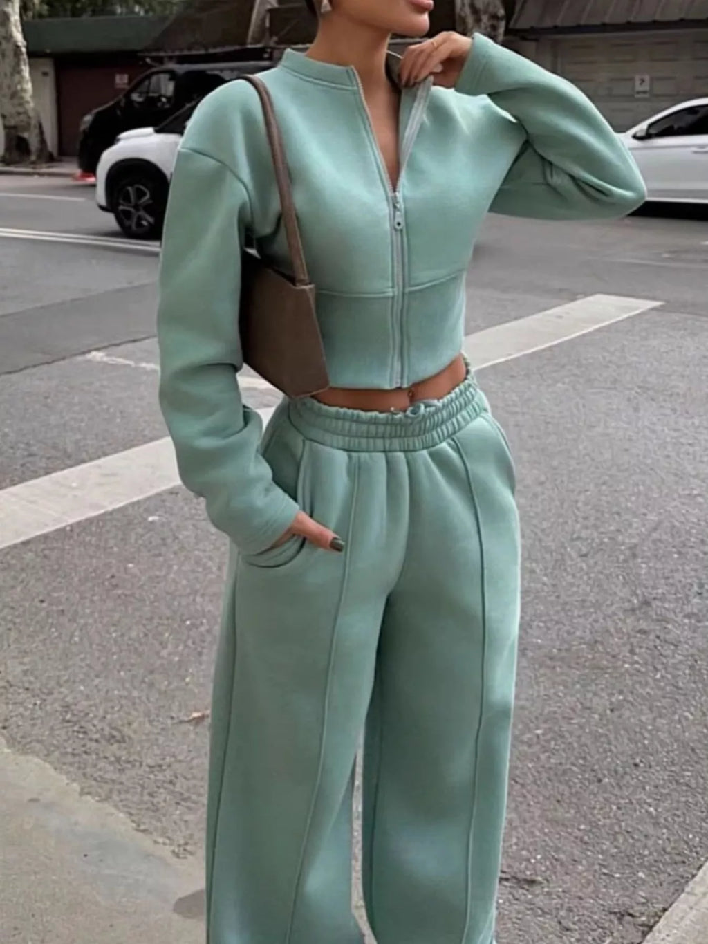 Women's Zip-Up Crop Jacket and Wide-Leg Pants Set