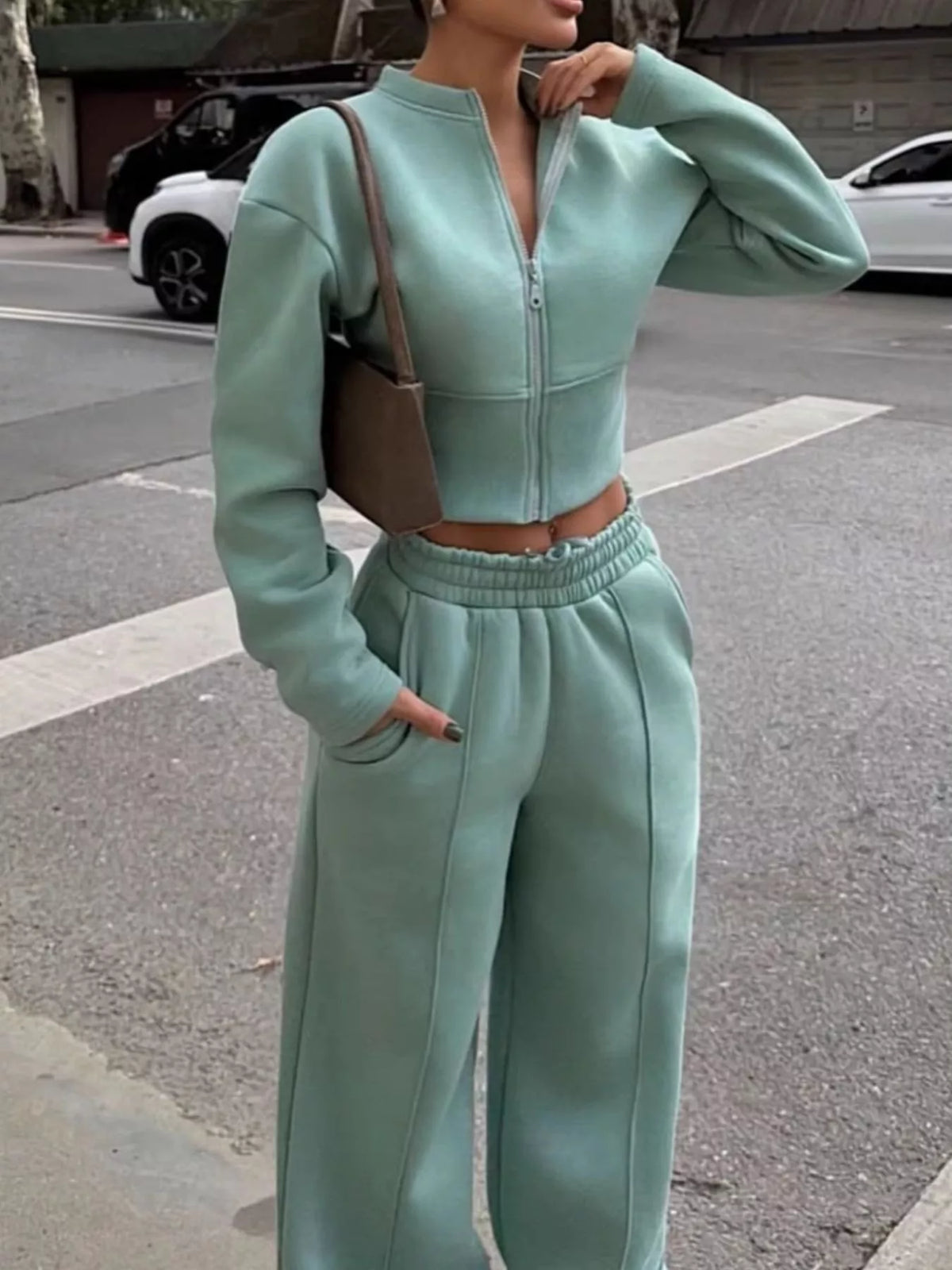 Women's Zip-Up Crop Jacket and Wide-Leg Pants Set