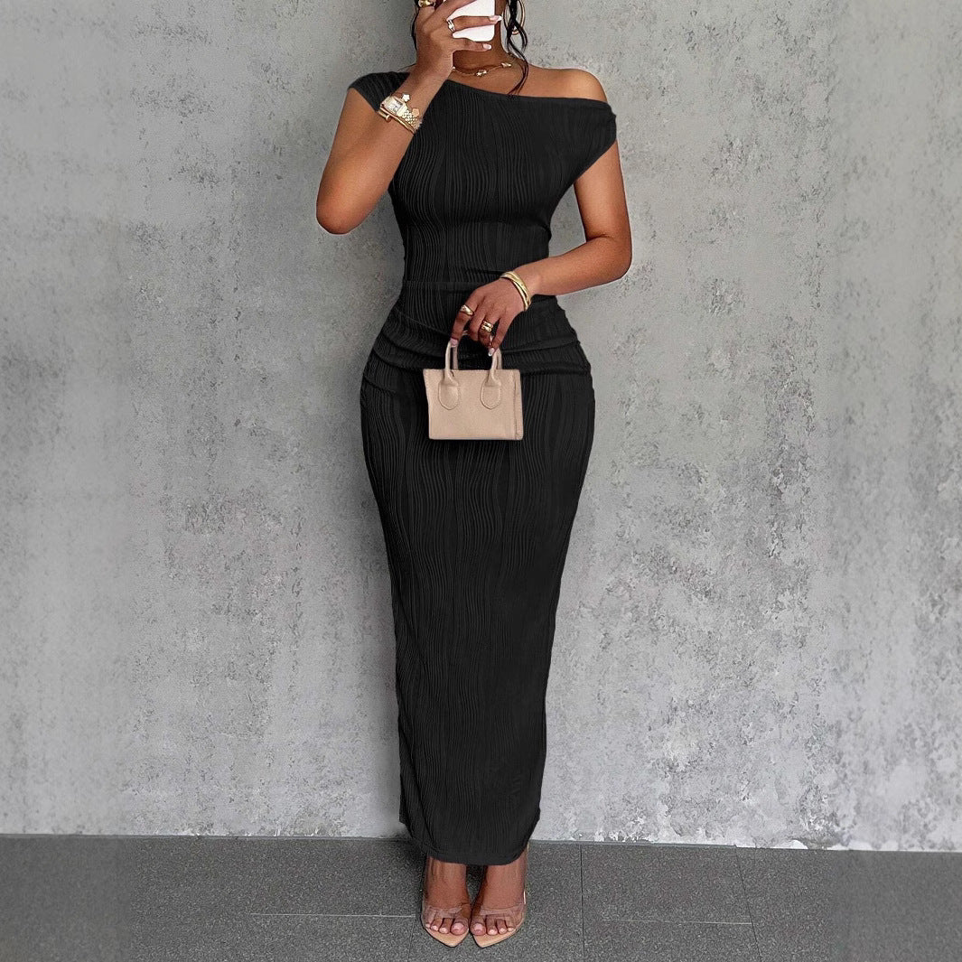 New Cute Fashion Water Ripple Slant Shoulder Dress