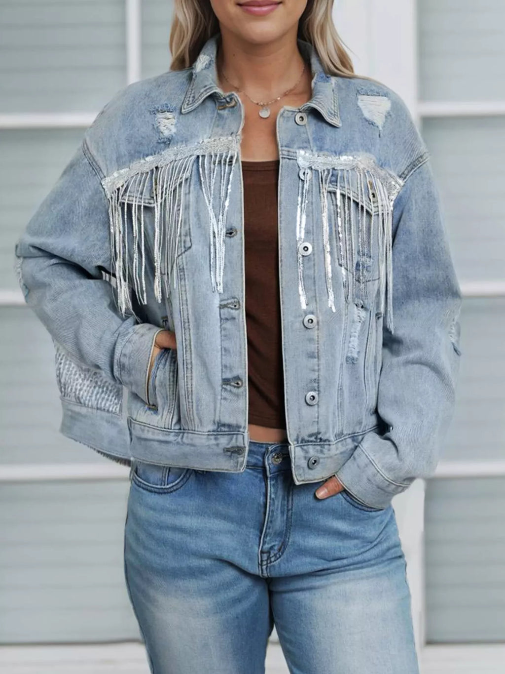 Women's Light Blue Fringed Sequin Embellished Denim Jacket - Light Blue