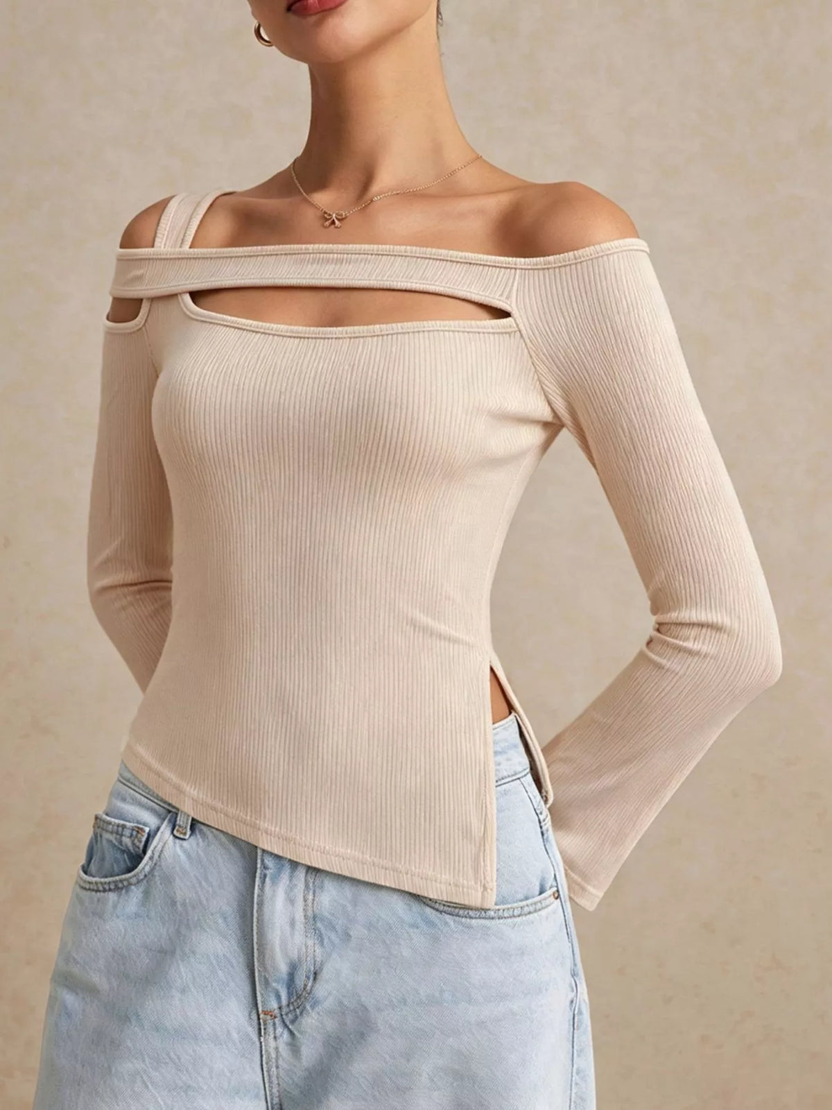 Women's Apricot Side Slit Cutout Ribbed Long Sleeve T-Shirt - Apricot