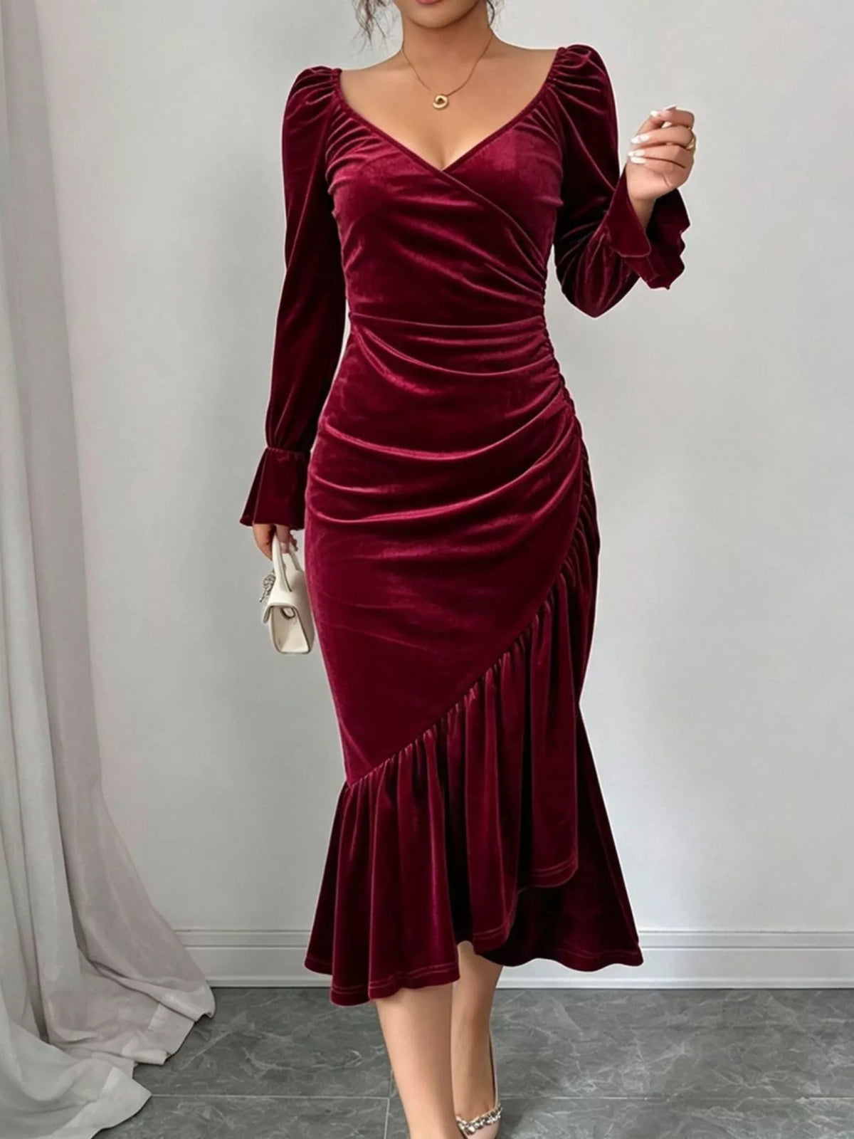 Women's Burgundy Velvet Ruched Ruffle Hem Midi Dress - Burgundy