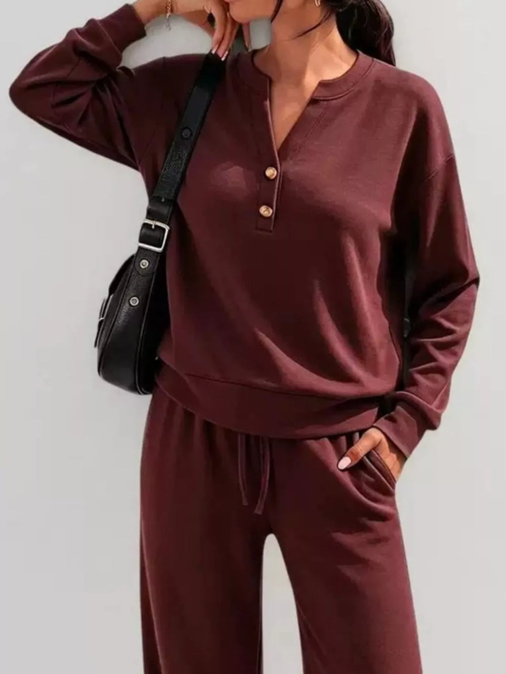 Women's Button Detail Dropped Shoulder Top and Pants Set