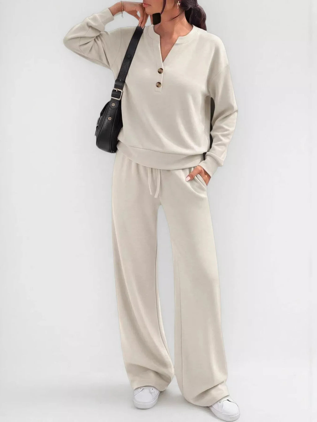 Women's Button Detail Dropped Shoulder Top and Pants Set