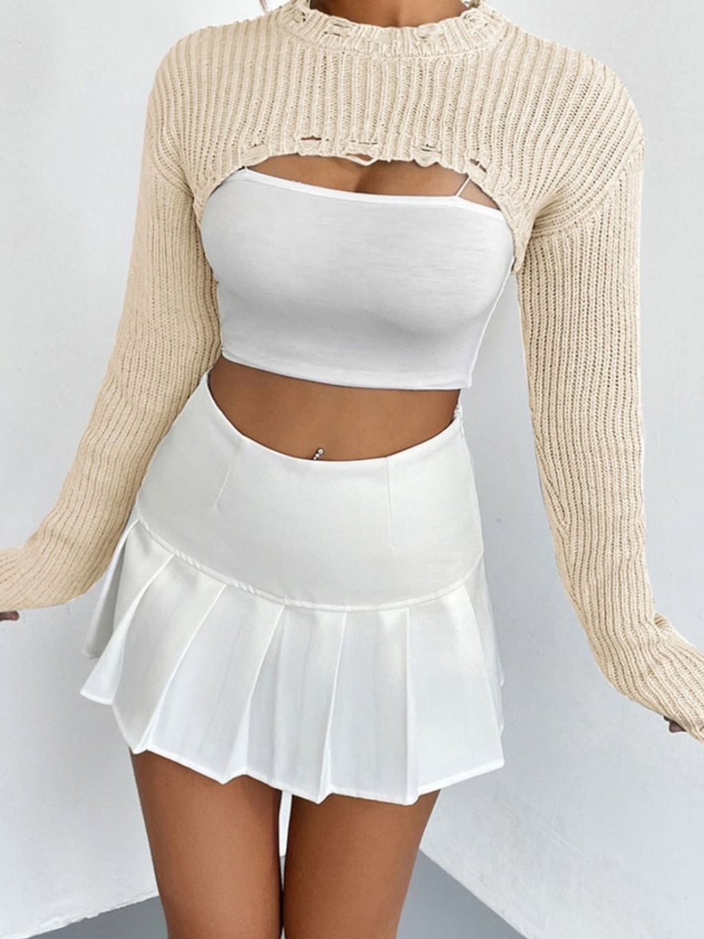 Women's Distressed Long Sleeve Cropped Sweater