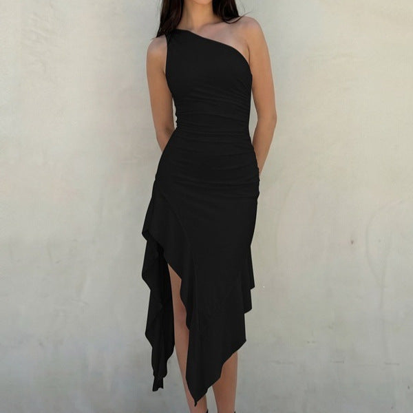 New Women's Elegant Slim-fit Solid-color Off-shoulder Sleeveless Dress