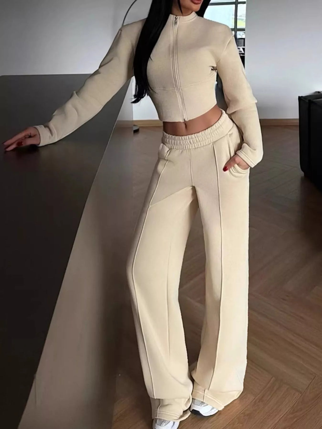 Women's Zip-Up Crop Jacket and Wide-Leg Pants Set