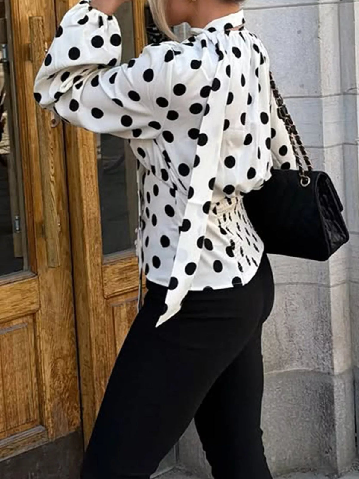 Women's White Polka Dot Balloon Sleeve Blouse - White