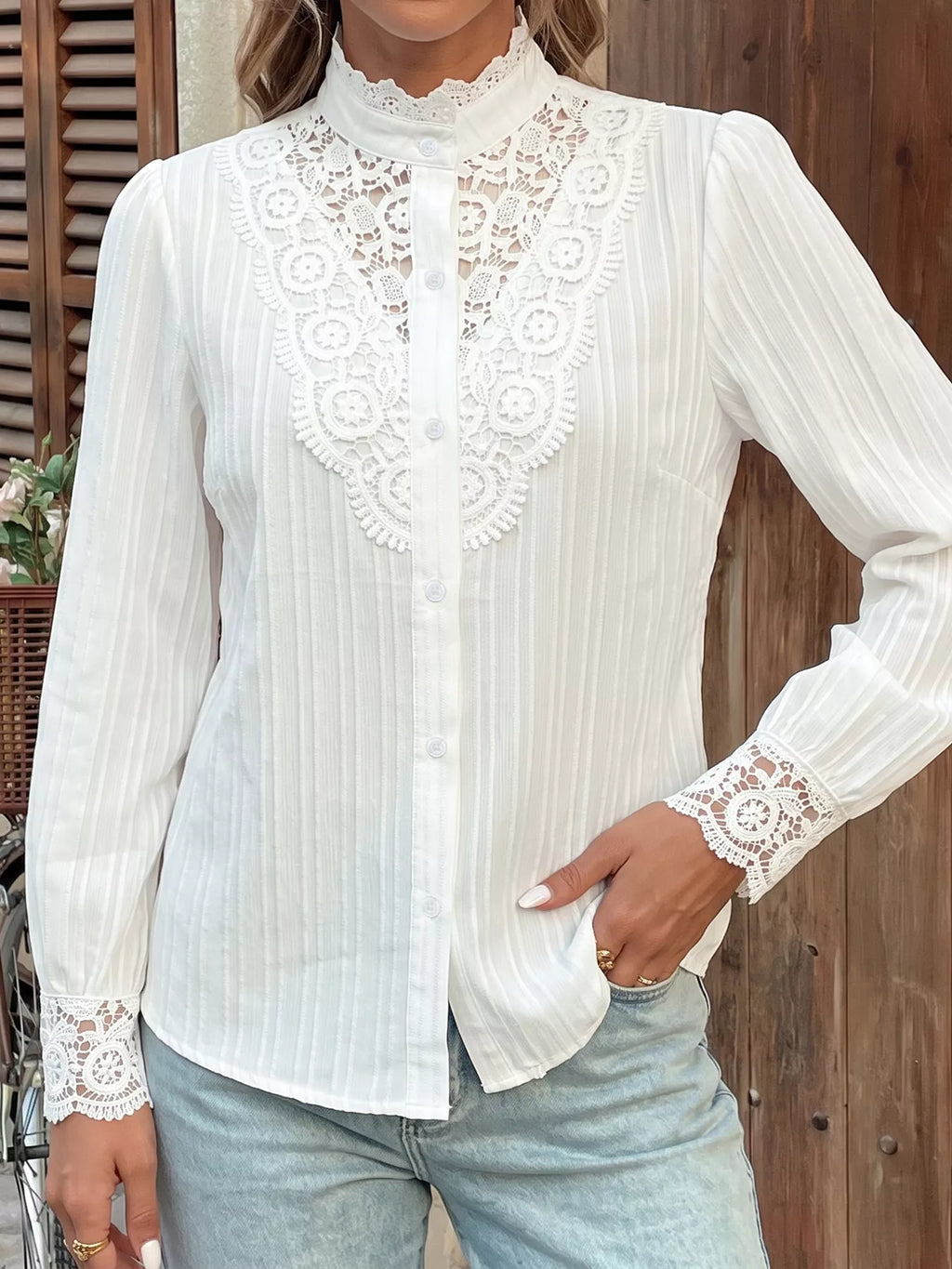 Women's White Lace Detail Long Sleeve Shirt - White