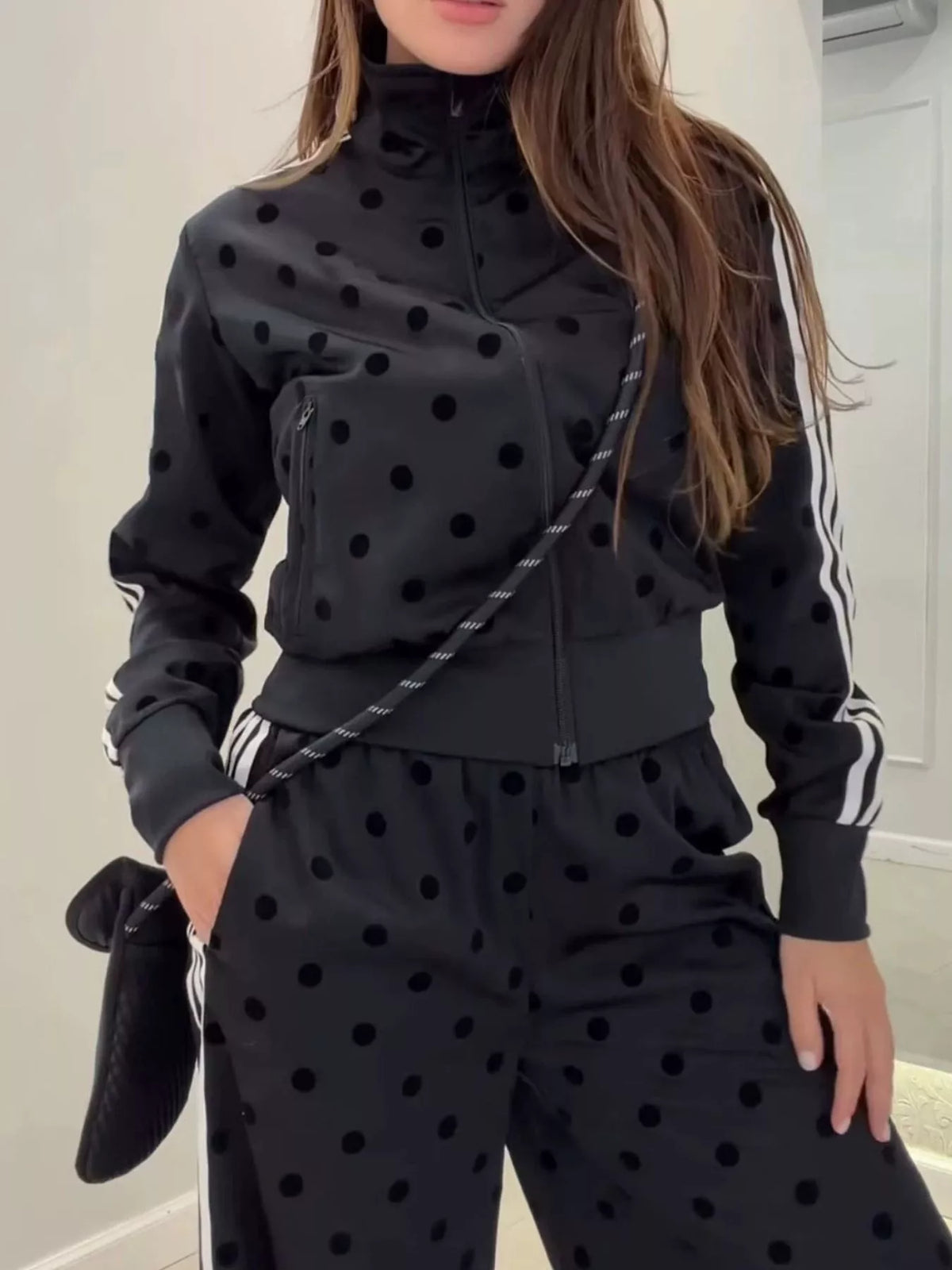 Women's Polka Dot Side Striped Outerwear and Pants Set