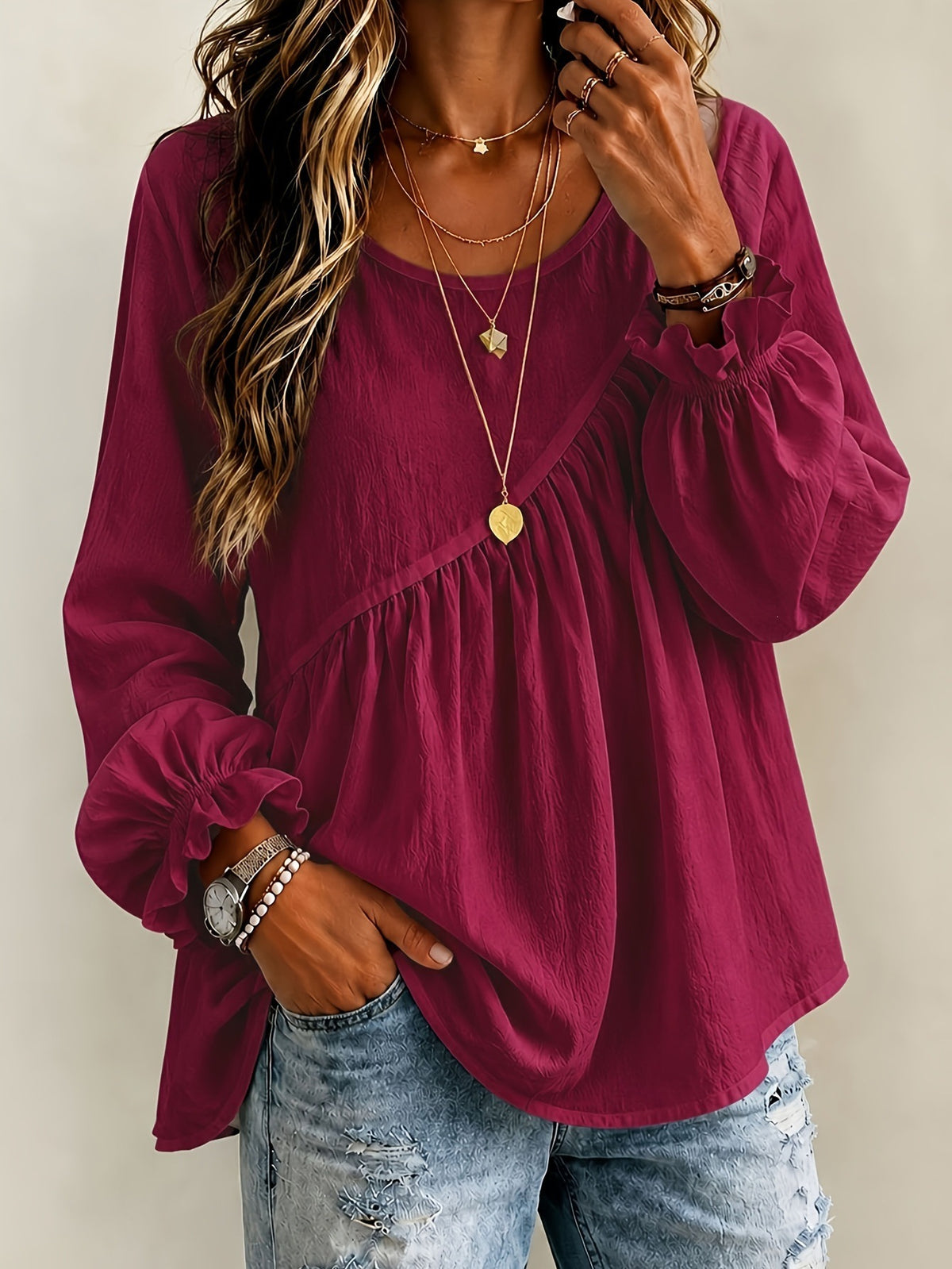 Women's 2026 New Cross-Border European And American Style Women's Solid Color Round Neck Long Sleeve Ruched Shirt Top, Casual Versatile Loose Fit - Red