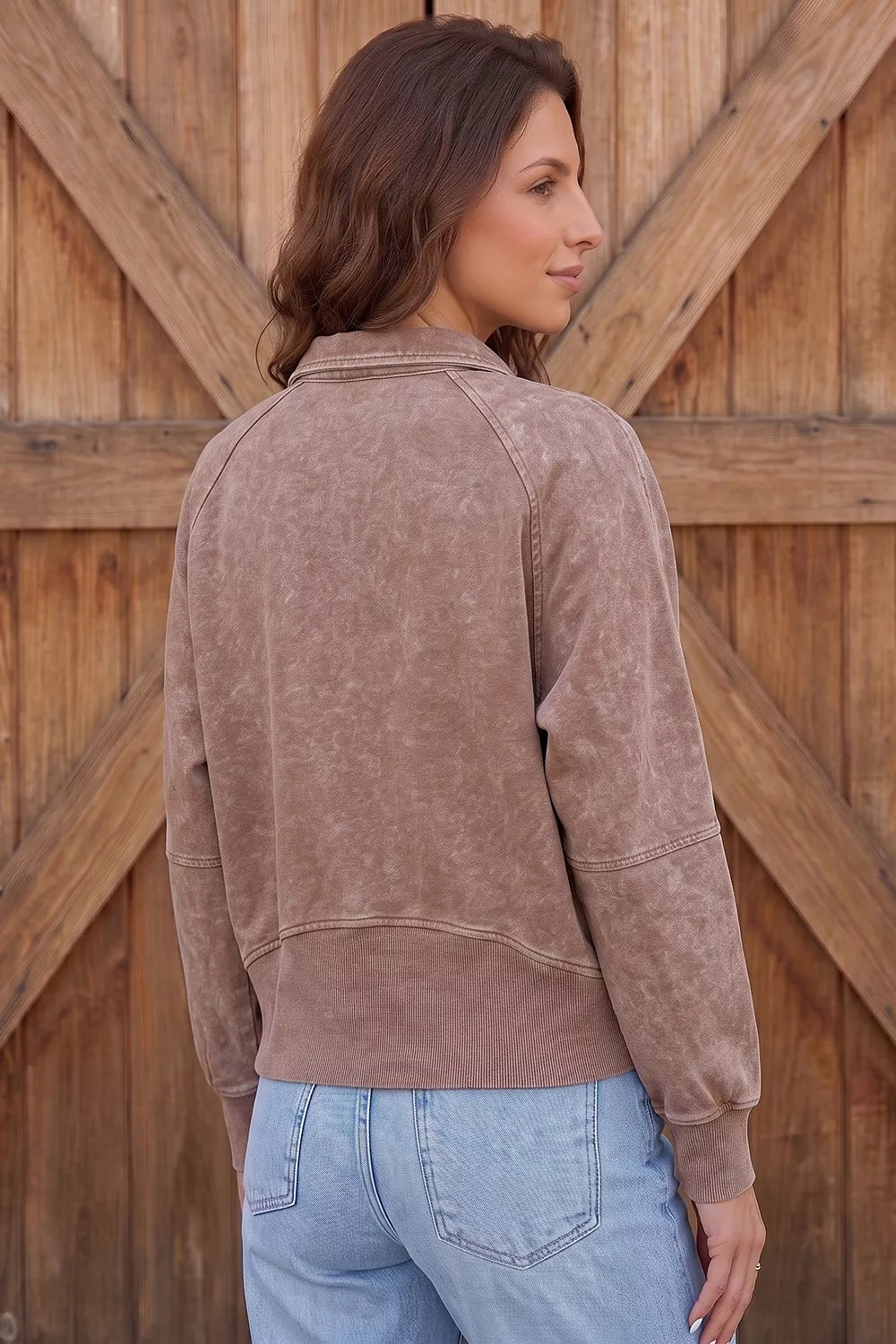 Women's Taupe Vintage Half-Zip Long Sleeve Ribbed Cuffs Hem Shift Silhouette Sweatshirt - Taupe