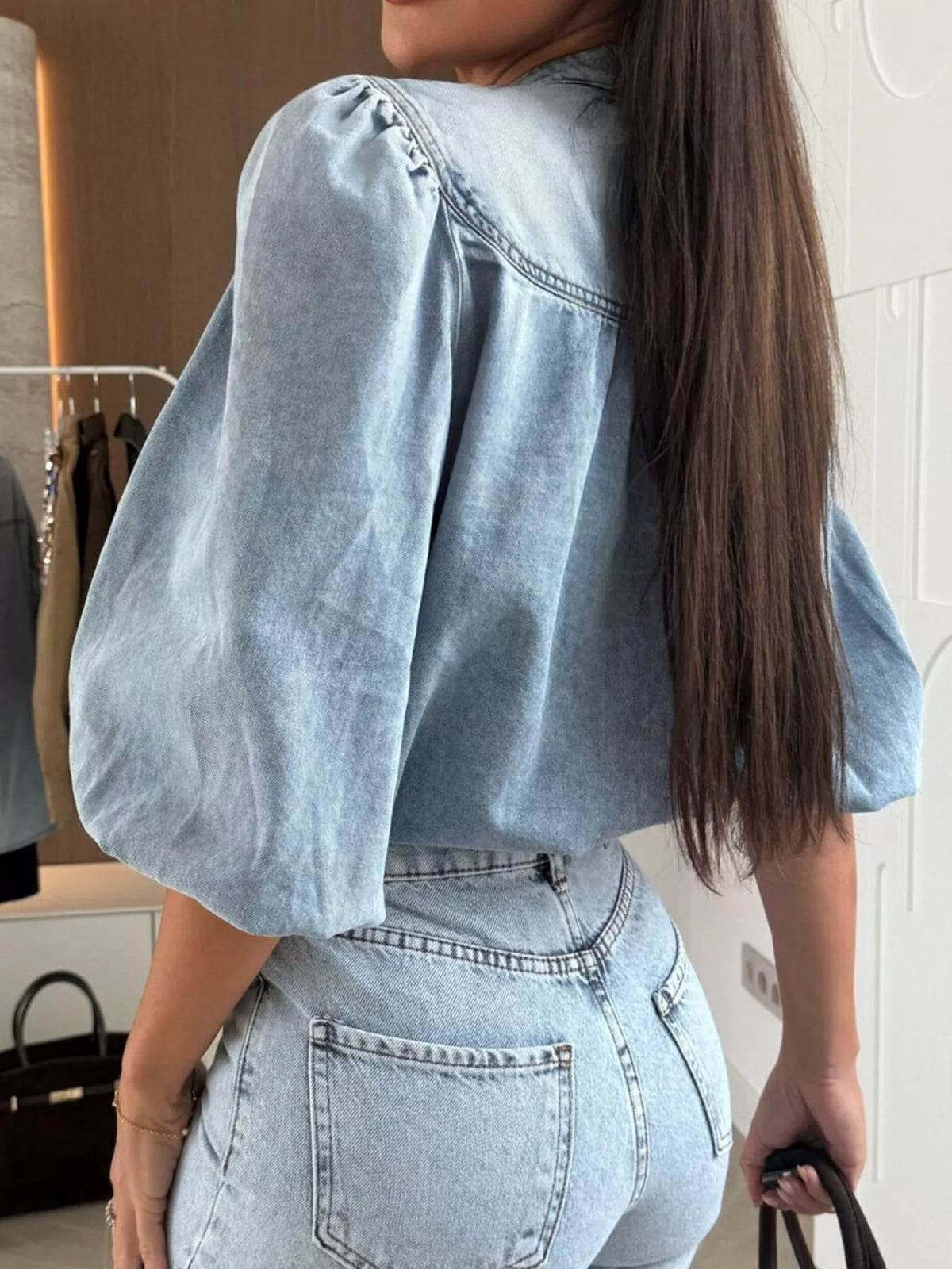 Women's Puff Sleeve Button Front Denim Top
