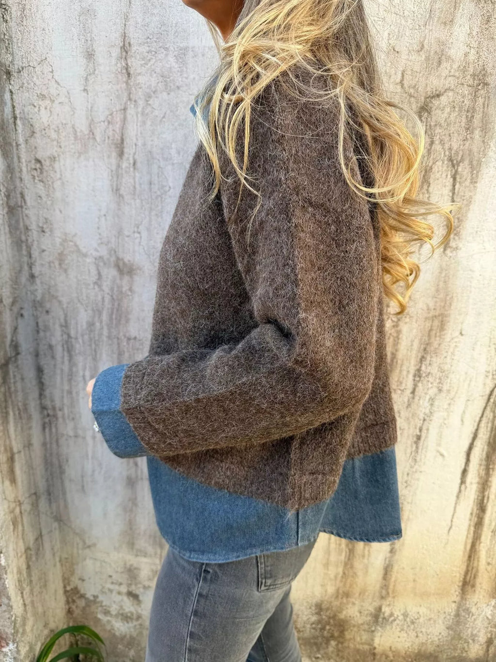 Women's Contrast Denim Collar Half-Zip Knit Sweater
