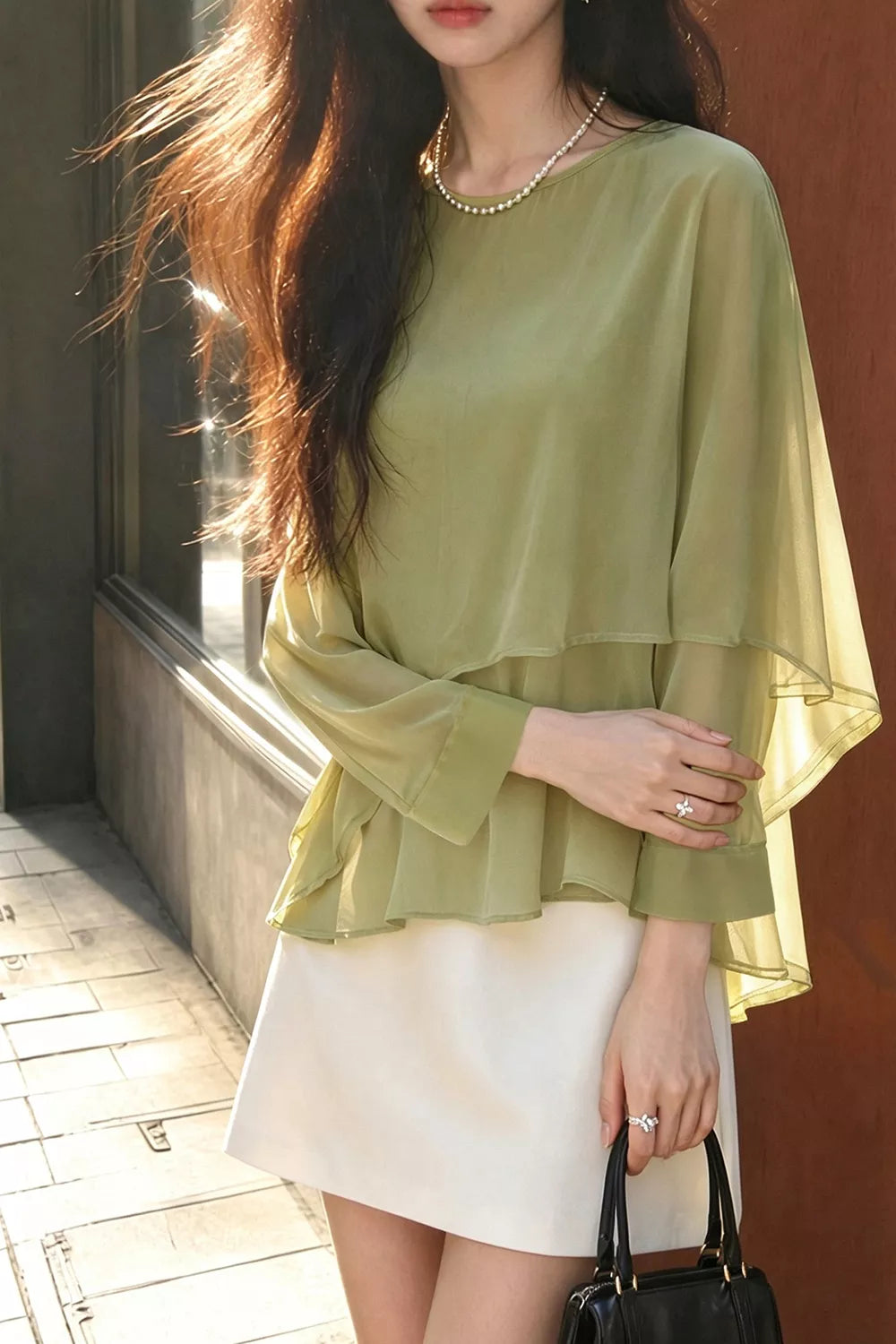 Women's Matcha Green Layered Flutter Sleeve Chiffon Blouse - Matcha Green