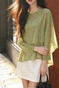 Women's Matcha Green Layered Flutter Sleeve Chiffon Blouse - Matcha Green
