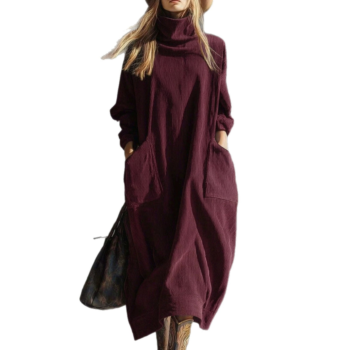 Corduroy Slimming Long Dress With Two Pockets For Women