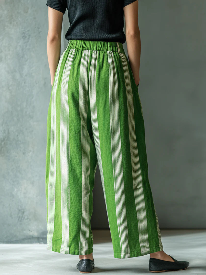 Women's Autumn New European And American Cross-Border Women's Loose Casual Vacation Style Linen Striped Wide-Leg Pants With A High-End Feel