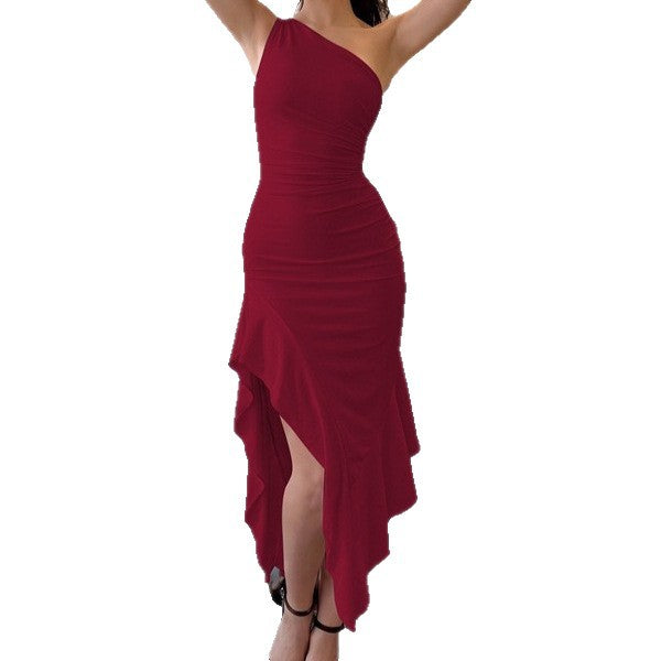 New Women's Elegant Slim-fit Solid-color Off-shoulder Sleeveless Dress