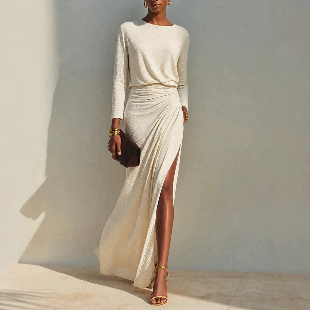 Women's Minimalist Round-neck Pleated Slit Maxi Dress