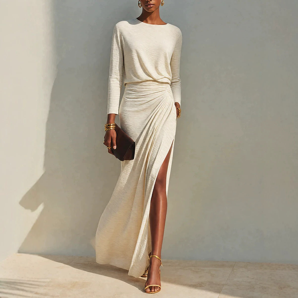 Women's Minimalist Round-neck Pleated Slit Maxi Dress