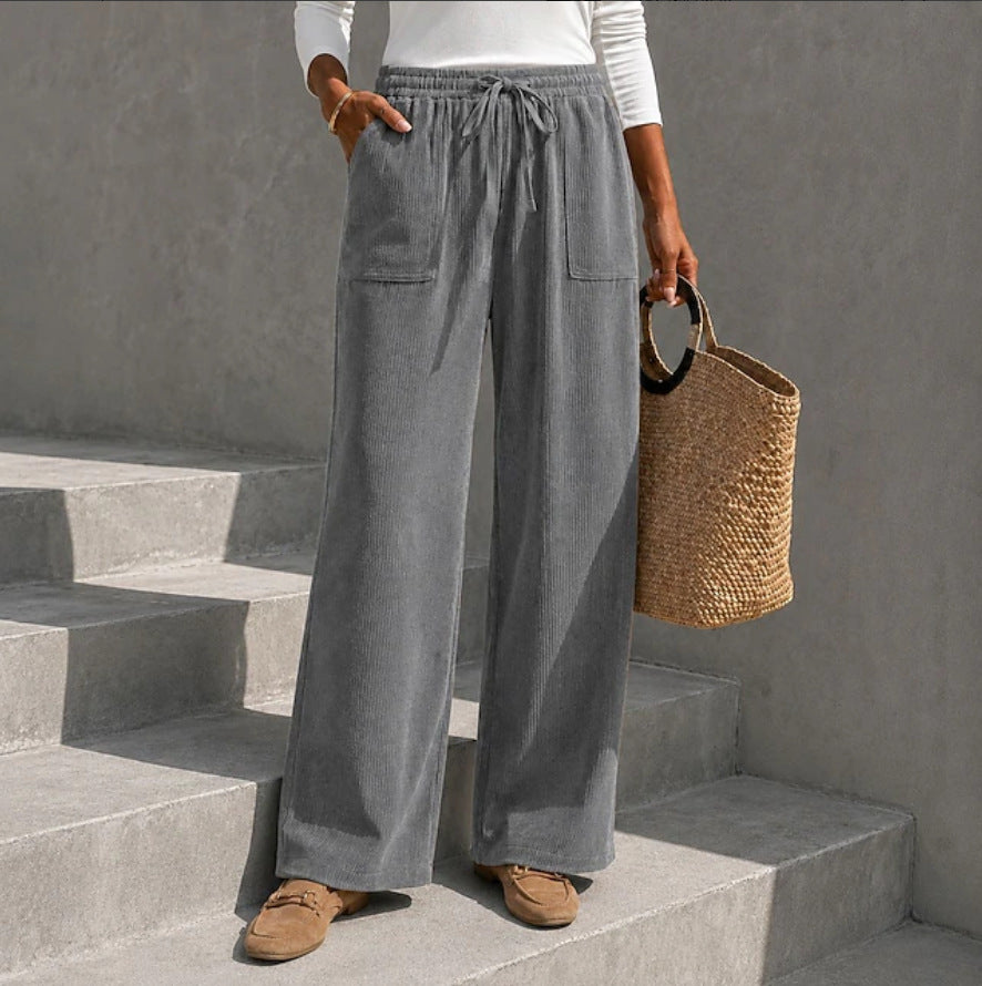Autumn Winter Women's Corduroy Wide Leg Pants With Elastic Waist And Drawstring, Loose Casual Long Pants