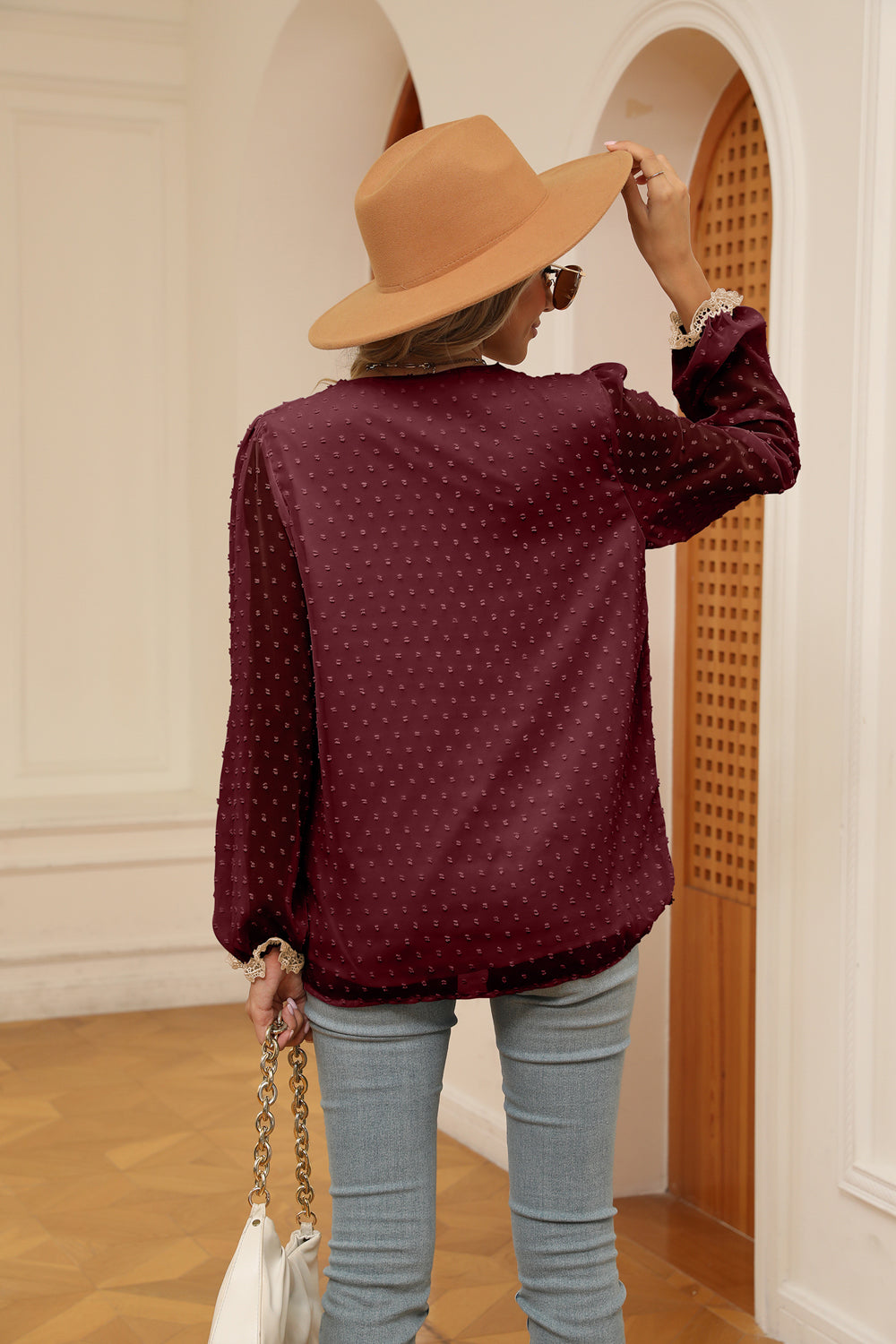 Women's Swiss Dot Contrast V-Neck Blouse