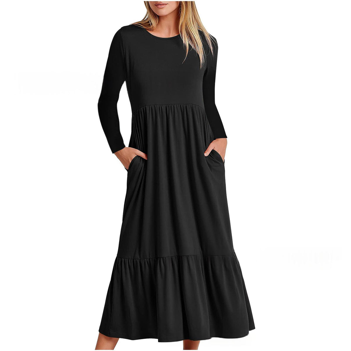 Elegant Round-neck Pleated Solid-color Maxi Dress