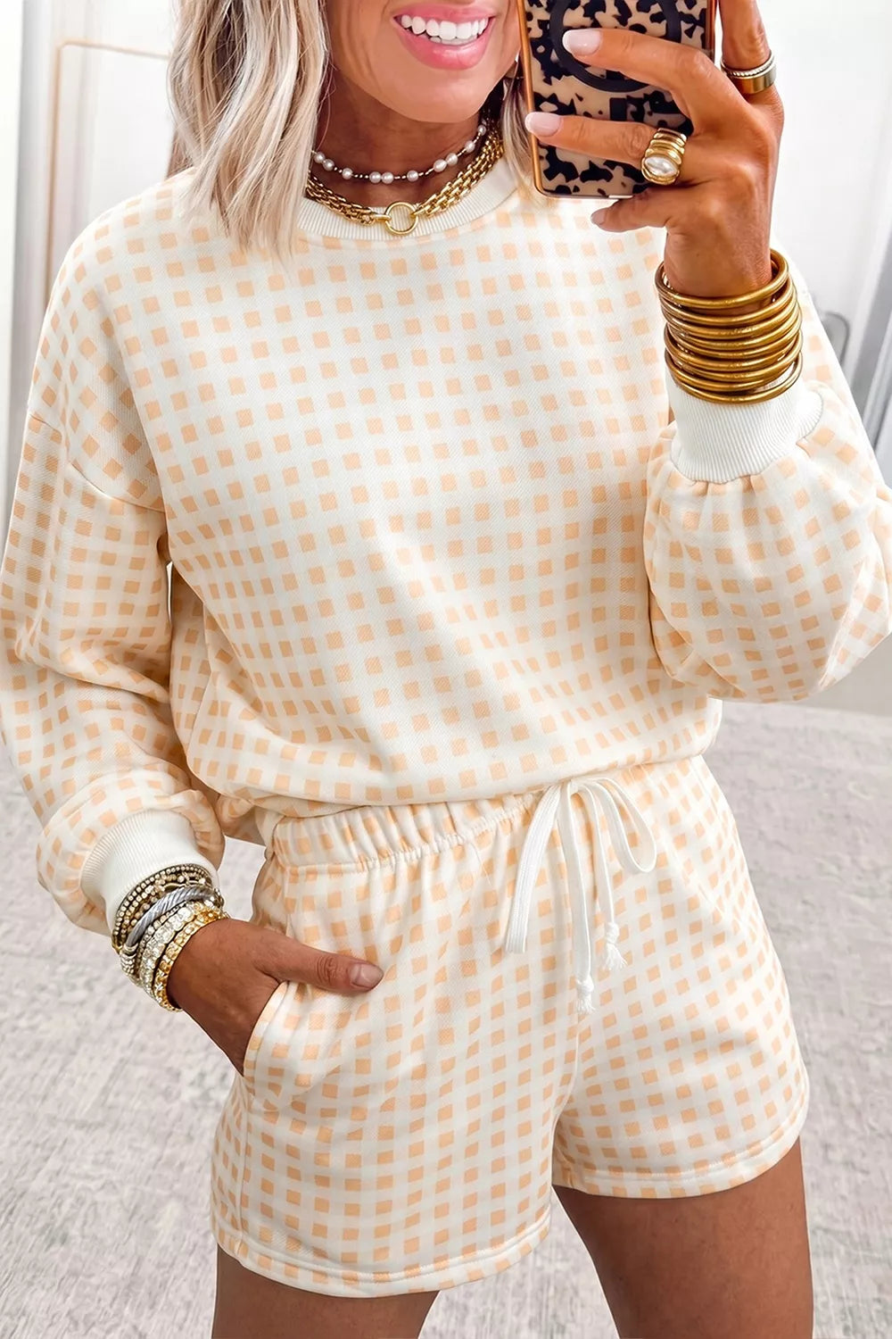 Women's Pastel Yellow Gingham Long Sleeve Sweatshirt and Shorts Set - Pastel Yellow
