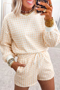 Women's Pastel Yellow Gingham Long Sleeve Sweatshirt and Shorts Set - Pastel Yellow