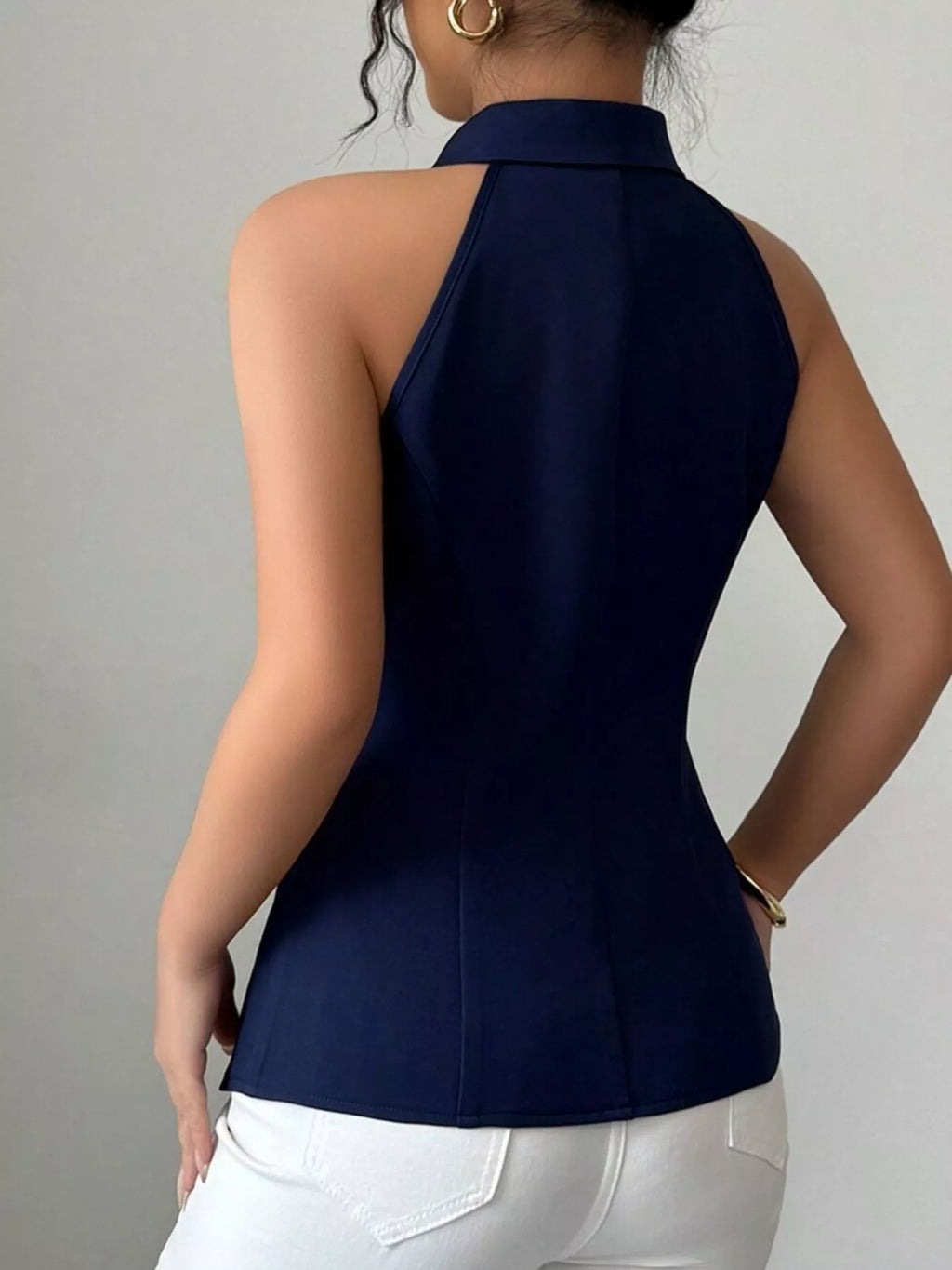 Women's Dark Blue Sleeveless Lapel Collar Button-Down Vest - Dark Blue