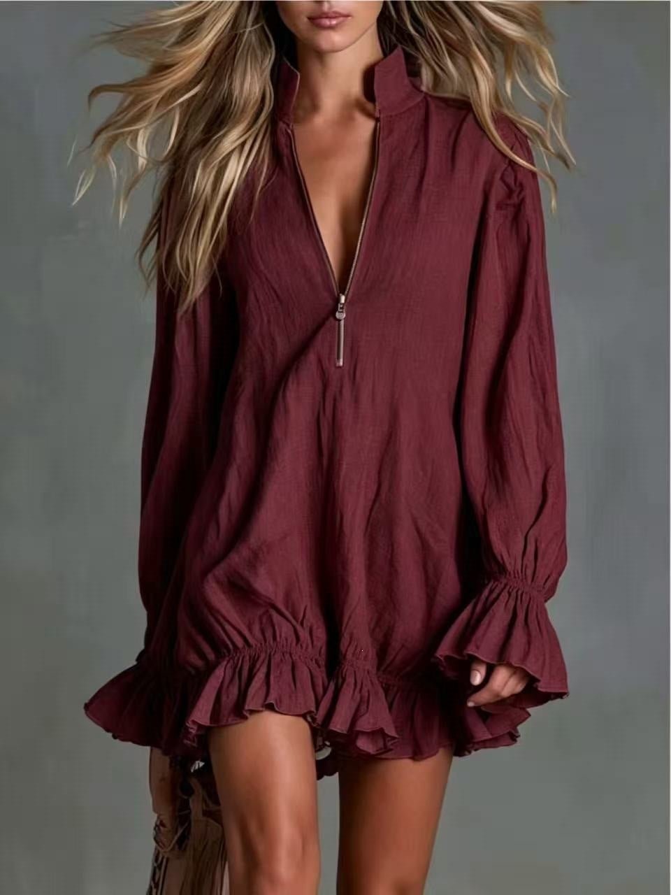 Bohemian Style Solid Color Zipper Neck Long Sleeve Ruffle Dress