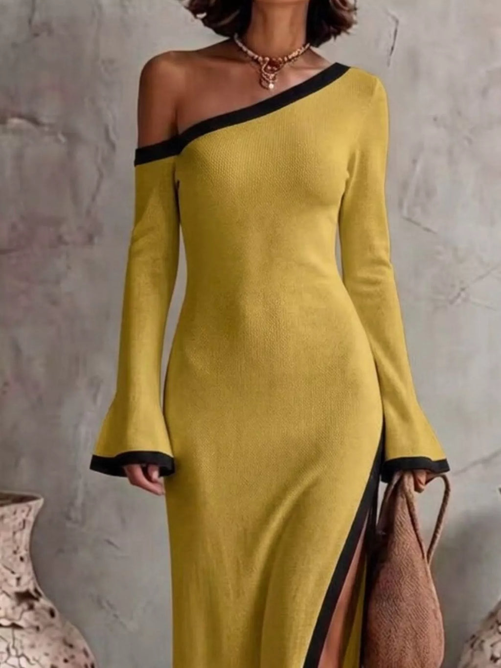 Women's Slit One-Shoulder Contrast Trim Maxi Dress