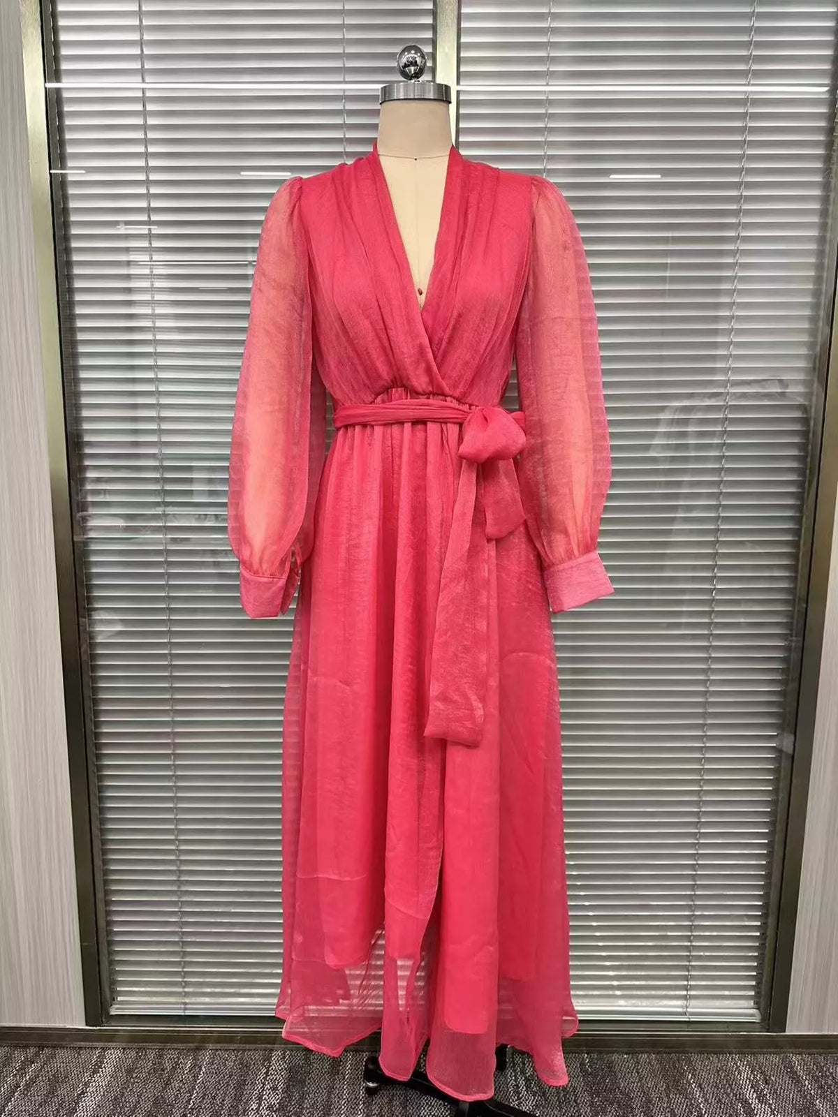 Women's Strawberry Long Sleeve Chiffon Wrap Maxi Dress with High Slit - Strawberry
