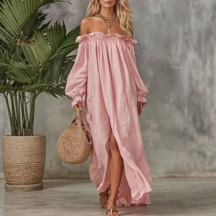 Dropped-shoulder Loose-fit Candy-colored Long-sleeve Dress