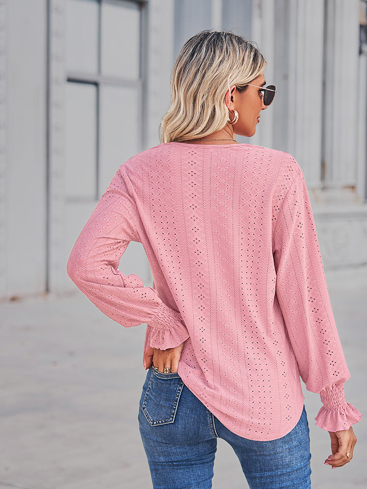Women's V-Neck Eyelet Flounce Sleeve Blouse