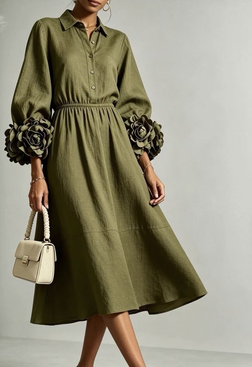 Best-selling Solid-color Round-neck Long-sleeved Floral Dress