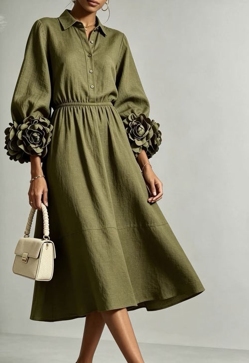 Best-selling Solid-color Round-neck Long-sleeved Floral Dress
