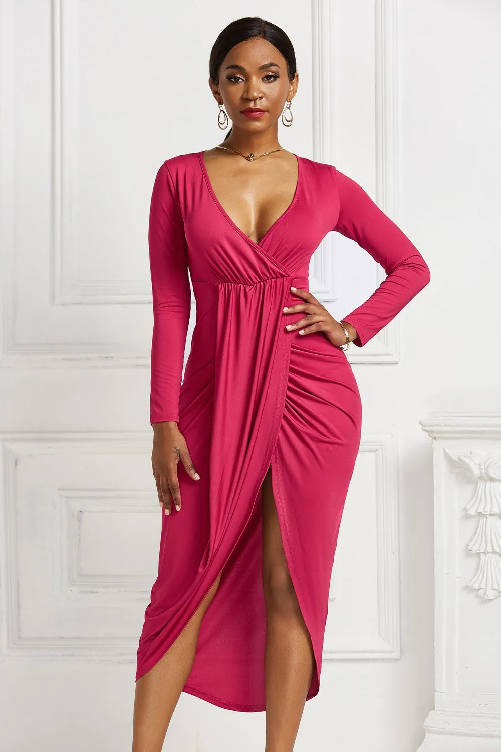 Women's High-low Ruched Surplice Long Sleeve Dress