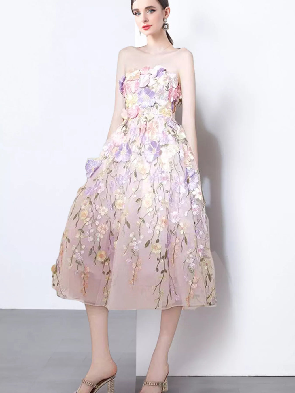 Women's Strapless Floral Applique Midi Dress