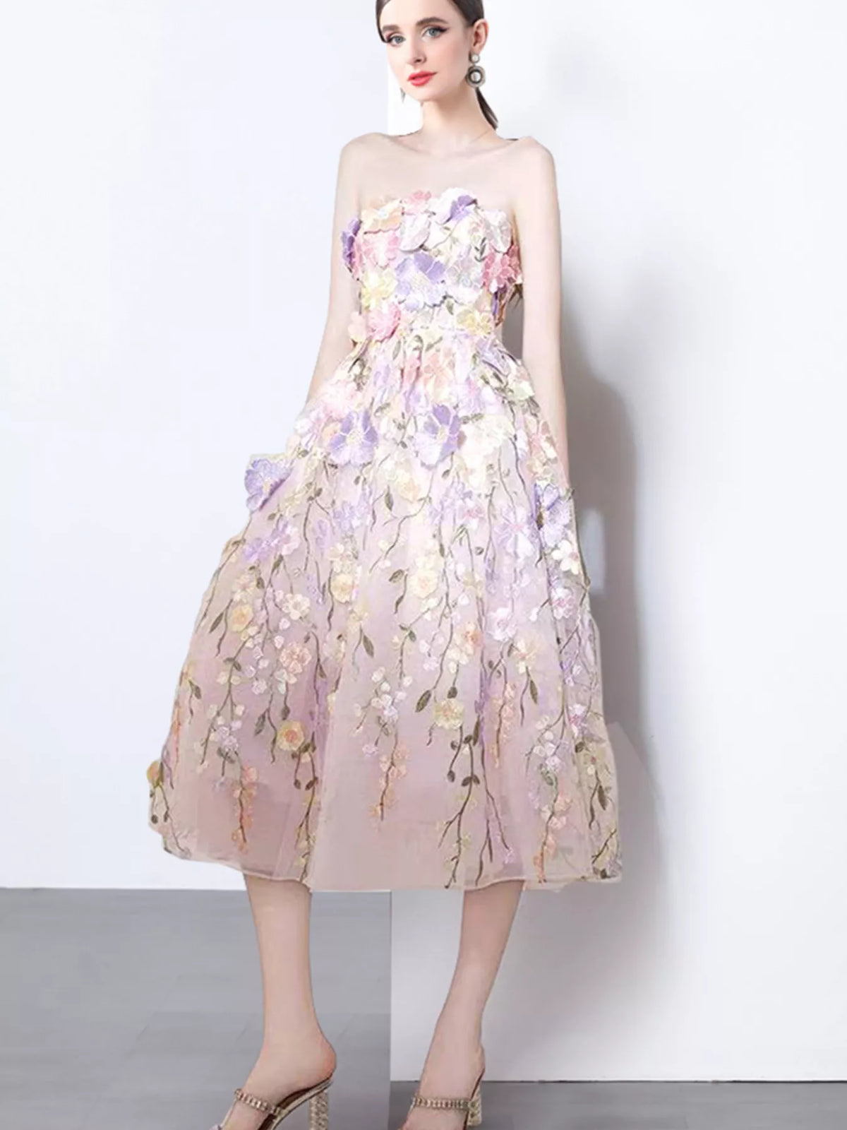 Women's Strapless Floral Applique Midi Dress