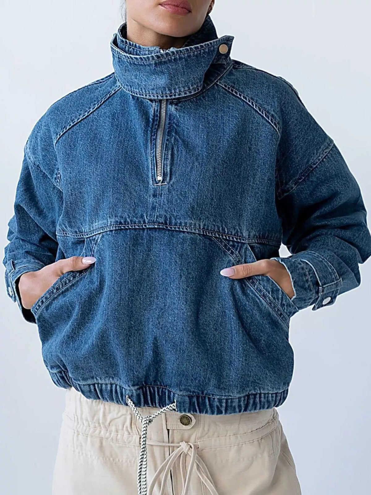 Women's Blue Half-Zip Turtleneck Denim Top - Blue