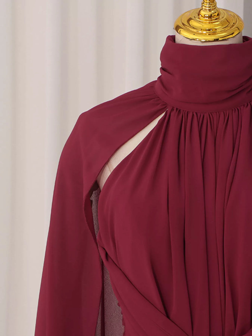 Women's Red Ruched Halter Neck Cape Maxi Dress - Red